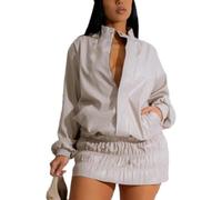LLECDASEUI Femmes Faux cuir Ensemble 2 pièces Manches longues Moto Veste Mini froncée jupe Ensemble 2 pièces Sexy Club Tracksuit (L,Blanc)