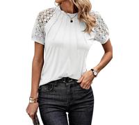 LLECDASEUI Femmes Lace Up Patchwork Manches courtes Chemisiers Col ras du cou Affaires décontractées Hauts 2024 été Tenue tendance (M,Blanc)
