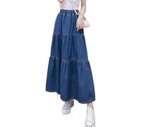 LLECDASEUI Femmes Ligne A Volant évasé Taille élastique Jupe longue en jean (3XL,Bleu Foncé)