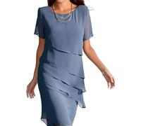 LLECDASEUI Femmes - Robe En Mousseline à Volants Fit Flare Modeste Robe De Bal Midi Longueur Genou Summer Sexy Elegant Cocktail Party Wedding Guest Dress (M,Bleu 1)