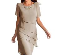 LLECDASEUI Femmes - Robe En Mousseline à Volants Fit Flare Modeste Robe De Bal Midi Longueur Genou Summer Sexy Elegant Cocktail Party Wedding Guest Dress (XL,Kaki 2)