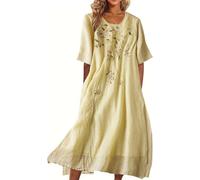 LLECDASEUI Femmes - Robe Longue En Coton Brodé De Fleurs Robe Maxi En Lin Eté Classique Demi Manches Rondes, Col Rond, Robes Fluides (03 Jaune,M)