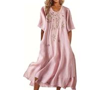 LLECDASEUI Femmes - Robe Longue En Coton Brodé De Fleurs Robe Maxi En Lin Eté Classique Demi Manches Rondes, Col Rond, Robes Fluides (02 Rose,XXL)