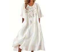 LLECDASEUI Femmes - Robe Longue En Coton Brodé De Fleurs Robe Maxi En Lin Eté Classique Demi Manches Rondes, Col Rond, Robes Fluides (01 Blanc,L)