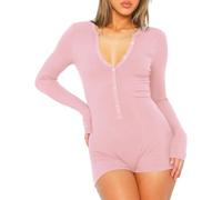 LLECDASEUI Femmes Sexy Col en V Manches longues Short Romper Boutonné Côtelée Bodycon Body Yoga Gym Combinaison Ensemble pyjama (M,Rose)