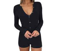 LLECDASEUI Femmes Sexy Col en V Manches longues Short Romper Boutonné Côtelée Bodycon Body Yoga Gym Combinaison Ensemble pyjama (L,Noir)