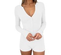 LLECDASEUI Femmes Sexy Col en V Manches longues Short Romper Boutonné Côtelée Bodycon Body Yoga Gym Combinaison Ensemble pyjama (M,Blanc)