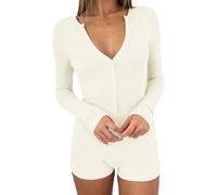 LLECDASEUI Femmes Sexy Col en V Manches longues Short Romper Boutonné Côtelée Bodycon Body Yoga Gym Combinaison Ensemble pyjama (S,Abricot léger)