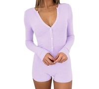 LLECDASEUI Femmes Sexy Col en V Manches longues Short Romper Boutonné Côtelée Bodycon Body Yoga Gym Combinaison Ensemble pyjama (S,Violet clair)