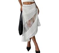 LLECDASEUI Femmes y2k Maxi Jupe Coquette Taille Haute Dentelle Patchwork Ourlet irrégulier Jupe midi Fluide Vacances d'été vêtements de Plage (Blanc,S)