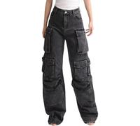 LLECDASEUI Femmes Y2K Pantalon cargo Taille basse Jeans baggy Poche Jambe large Décontracté Tendance Streetwear Grunge Emo Vêtements (L,Noir 3)