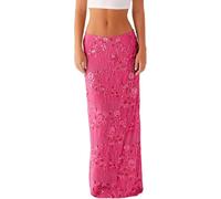 LLECDASEUI Jupe Longue à Paillettes pour Femmes y2k Jupe Maxi Florale à Perles Scintillantes Strass Jupes midi à Paillettes Streetwear (Rose,Grand)