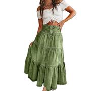 LLECDASEUI Jupes Longues en Jean pour Femmes Taille Haute Bouton-Fly plissé à Volants Maxi Jupe en Jean été fluides Jupes à Plusieurs Niveaux a-Line (Vert,Grand)