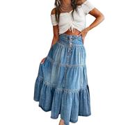 LLECDASEUI Jupes Longues en Jean pour Femmes Taille Haute Bouton-Fly plissé à Volants Maxi Jupe en Jean été fluides Jupes à Plusieurs Niveaux a-Line (Bleu,Grand)