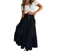 LLECDASEUI Jupes Longues en Jean pour Femmes Taille Haute Bouton-Fly plissé à Volants Maxi Jupe en Jean été fluides Jupes à Plusieurs Niveaux a-Line (Noir,M)