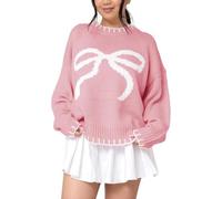 LLECDASEUI Pull en Tricot à nœud pour Femmes y2k Pull tricoté à Manches Longues et col Rond surdimensionné en Tricot à Bordure contrastée (Rose,M)