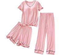 LLECDASEUI Pyjama Ensemble pour femmes 3PCS Col en V Haut de pyjama avec coussinets de poitrine Taille élastique Short Pantalon pantalons Vêtements de nuit L'été Loungewear (Rose,XXXL)