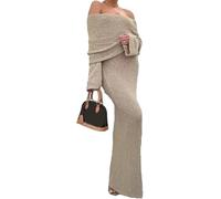 LLECDASEUI Robe maxi en tricot à épaules dénudées au crochet pour femmes robes de soirée de vacances moulantes en maille sexy à manches longues (Kaki,S)