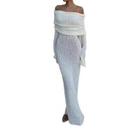 LLECDASEUI Robe maxi en tricot à épaules dénudées au crochet pour femmes robes de soirée de vacances moulantes en maille sexy à manches longues (Blanc,S)