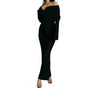 LLECDASEUI Robe maxi en tricot à épaules dénudées au crochet pour femmes robes de soirée de vacances moulantes en maille sexy à manches longues (Noir,L)