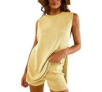 LLECDASEUI Tenues 2 pièces pour femmes, ensembles actifs, pull sans manches, hauts, débardeurs, pull décontracté, ensembles shorts, été, 2024 (Jaune,M.)