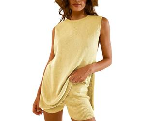 LLECDASEUI Tenues 2 pièces pour femmes, ensembles actifs, pull sans manches, hauts, débardeurs, pull décontracté, ensembles shorts, été, 2024 (Jaune,M.)