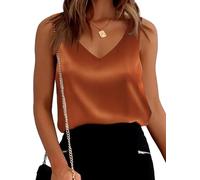 LLECDASEUI Vêtements Solide Soie Satin Gilets Tops Sexy Col V Cami Sans manches Camisole Chemisiers Été Basique Débardeur (XL,Caramel)