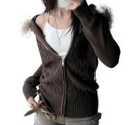 LLECDASEUI Y2k Sweat à capuche court à manches longues en tricot torsadé avec bordure en fausse fourrure pour femme, veste ajustée avec capuche en fourrure, marron, L