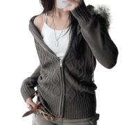 LLECDASEUI Y2k Sweat à capuche court à manches longues en tricot torsadé avec bordure en fausse fourrure pour femme, veste ajustée avec capuche en fourrure, gris, S