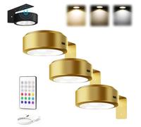 LLELEMAMO Leonneo Picture Lights, Topveden Picture Lights for Wall, No Drill, Remote Adjustable Dimmable Timer, 3 Color Temperatures or 12 RGB Colors for Art Display (3*Glod,3color)