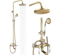 Llffssdg Colonne de douche en laiton antique rétro avec mitigeur monocommande doré brossé PVD | Système de douche réglable en hauteur avec pommeau de douche à effet pluie, douchette à main et économie