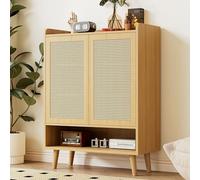 LLGWGL Armoire à chaussures étroite avec 2 portes en rotin et pieds en bois massif 5 étagères pour couloir, salon, cuisine, chêne clair