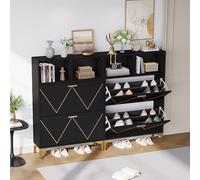 LLGWGL Armoire à chaussures étroite - Étagère à chaussures haute - Avec 4 compartiments à chaussures et 2 portes battantes - 2 étagères semi-ouvertes - Pieds hauts en métal - Noir - 160 x 25 x 117 cm