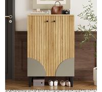 LLGWGL Armoire à chaussures étroite - Peu encombrante - Moderne - Avec 4 portes en bois et métal - Pour entrée, couloir, salon - 60 x 32 x 94 cm - Naturel