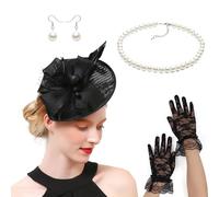 LLHCF Ensemble de boucles d'oreilles et gants avec nœud papillon à plumes françaises - Accessoire de costume pour événement formel, rassemblement, événement formel, accessoires pour cheveux, Noir