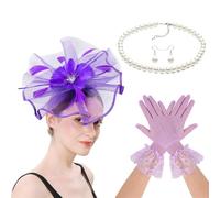 LLHCF Ensemble de coiffe élégant avec chapeau bibi, gants, collier, boucles d'oreilles pour fête à thème en plein air, violet, Taille unique