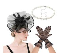 LLHCF Ensemble de coiffe élégant avec chapeau bibi, gants, collier, boucles d'oreilles pour fête à thème en plein air, Noir , taille unique