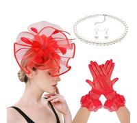 LLHCF Ensemble de coiffe élégant avec chapeau bibi, gants, collier, boucles d'oreilles pour fête à thème en plein air, Rouge, taille unique