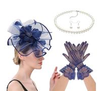LLHCF Ensemble de coiffe élégant avec chapeau bibi, gants, collier, boucles d'oreilles pour fête à thème en plein air, bleu marine, taille unique