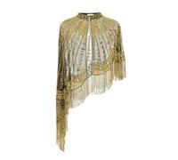 Lljsszr Châle de Soirée Femme Cape Châle Étole Poncho à Franges en avec Sequins et Perles De Panneaux Superposés et Effet Mou Adapté aux Banquets Fêtes, Doré, Noir Et Doré, Taille Unique