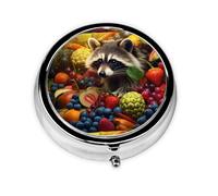 LLKGOT Mini pilulier rond avec 3 compartiments pour le rangement des pilules et le voyage Motif raton laveur parmi les fruits