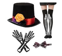 LLLmhuaa Ensemble de costume d'Halloween avec casquette, cravate, gants, accessoires de fête de carnaval, accessoires de fête pour adultes, fournitures de fête d'Halloween, Chapeau Nœud Papillon Mid D