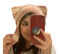 LLLmhuaa Y2K Chapeau tricoté rayé avec oreilles de chaton pour fille Accessoires photo Hot Girl Mignon Slouchy Tricot Crochet Chapeau