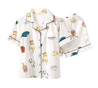 LLLucky Femmes Pyjamas d'été en Coton Ensemble Kawaii Meow Chat à Manches Courtes vêtements de Nuit vêtements de Nuit