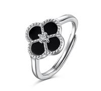 Lllunimon Anneaux d'ouverture en argent sterling 925 réglables Bagues trèfle à quatre feuilles pour les femmes Mère de perle Onyx blanc Noir Lucky Clover Bagues Bijoux Cadeaux pour petite amie,Noir