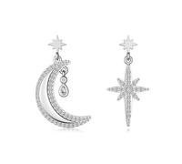 Lllunimon Asymétrique Star Moon Boucles d'oreilles 925 Argent Sterling Boucles d'oreilles pour femmes Micro-Zircon Bijoux élégants Porter tous les jours Un cadeau pour elle,Argent