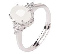 Lllunimon Bague délicate en jade blanc 925 argent sterling avec pierre précieuse pour femmes, bagues ajustables faites à la main, cadeaux porte-bonheur