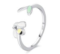 Lllunimon Bague en argent S925 avec une petite abeille, émail vert et feuille tendre, bijou simple et dynamique. À porter au quotidien, un cadeau pour elle.,Size 5