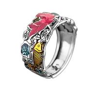 Lllunimon S925 Sterling Silver Charming Pink Lotus Band Ring Golden Lucky Fish State Rings for Women Men Yoga Medition