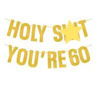 LLMSIX Bannière dorée à paillettes pour 60e anniversaire, bannière « Holy Shit You'Re 60 », décorations de fête d'anniversaire amusantes pour homme et femme